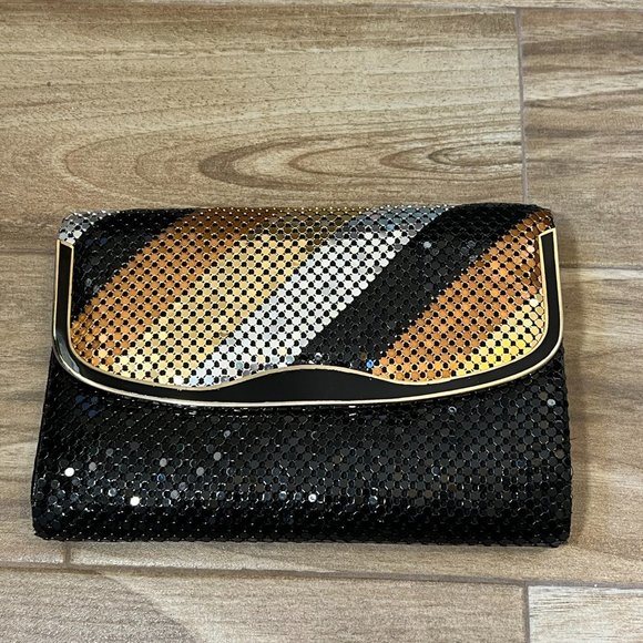 Vintage Black Silver Gold Link Mesh Evening Purse Clutch Crossbody Retro 80s - Picture 2 of 10